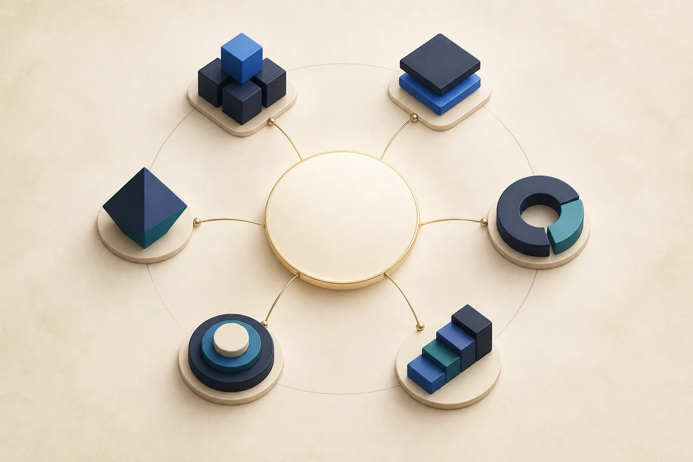 Cercle central orchestrant six modules abstraits reliés par des arcs.