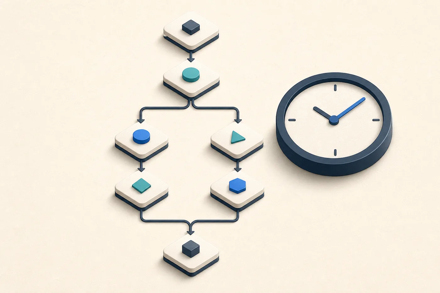 Diagramme de tâches en cascade avec deux branches parallèles et une horloge.