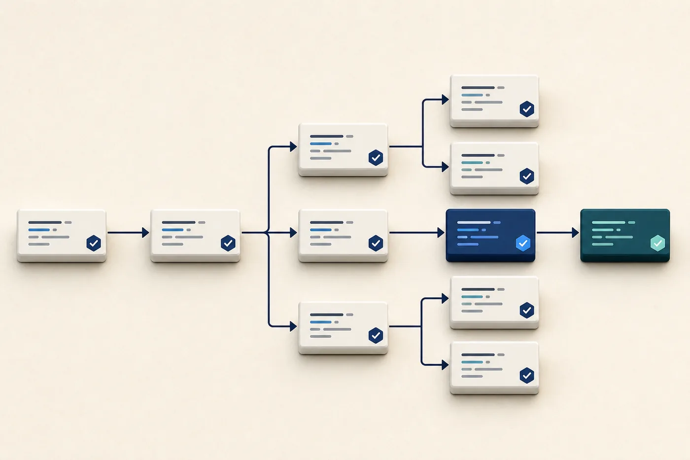 Graphe orienté de blocs SQL, chaque nœud portant une coche de validation.
