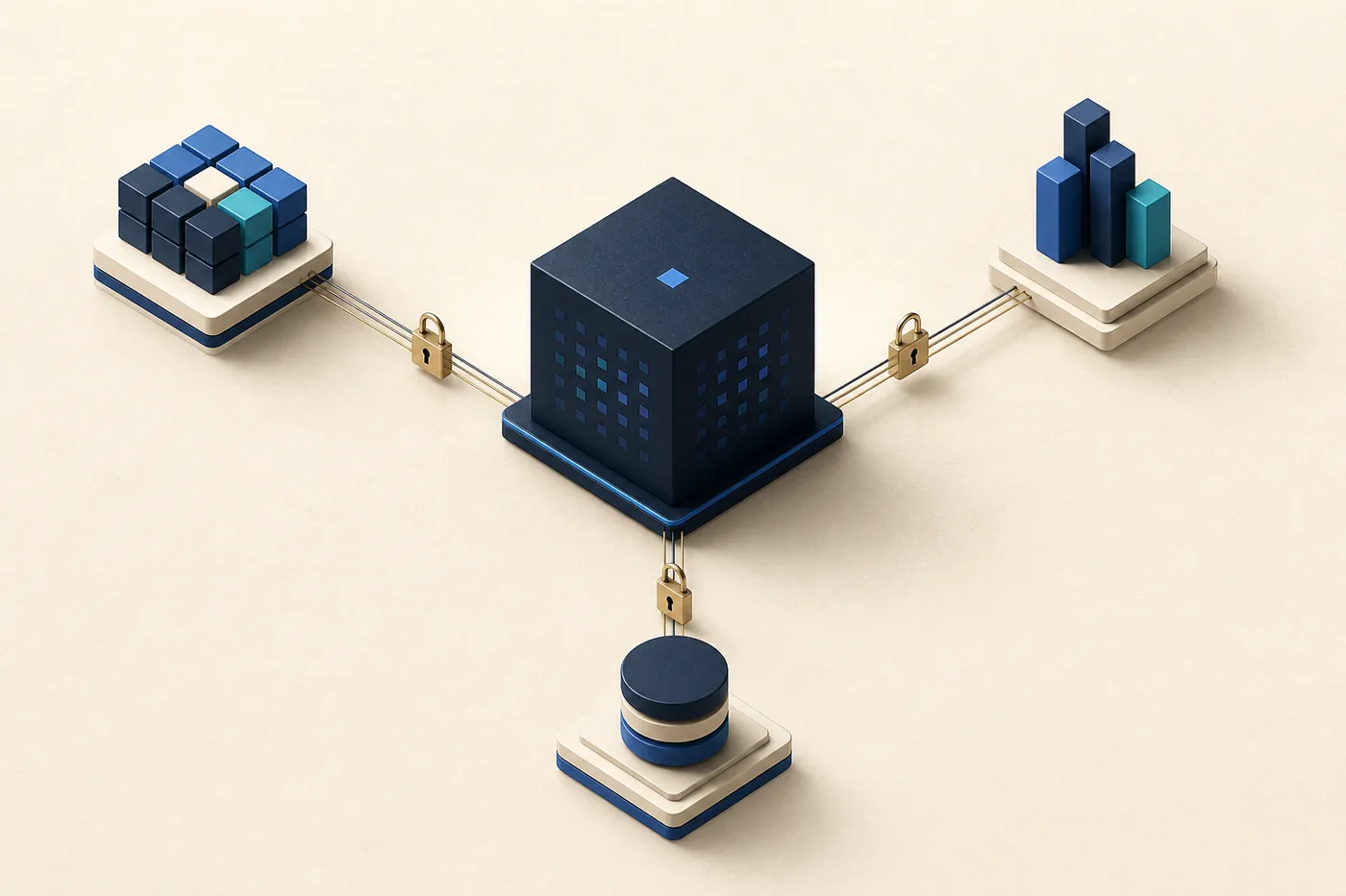 Cube central connecté à trois modules métier, avec un cadenas sur chaque liaison.
