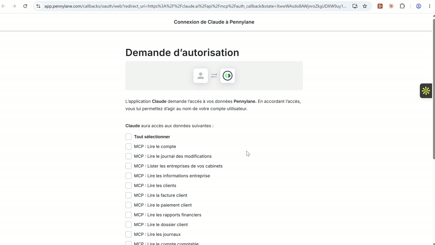 Écran Demande d'autorisation de Pennylane listant les accès MCP demandés par Claude