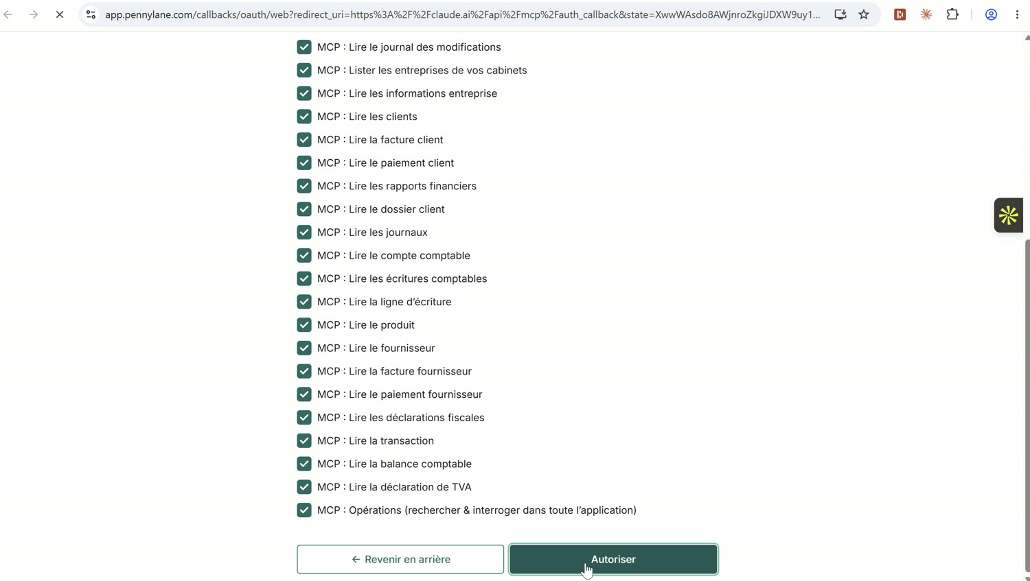 Liste complète des autorisations MCP Pennylane cochées avant validation