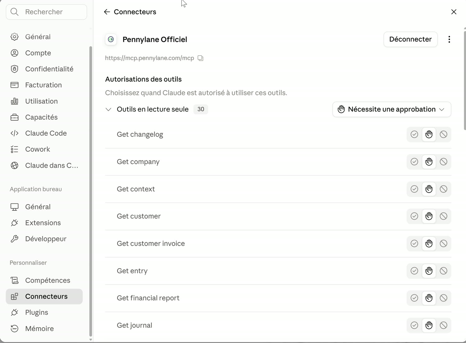 Connecteur Pennylane Officiel dans Claude avec ses 30 outils en lecture seule