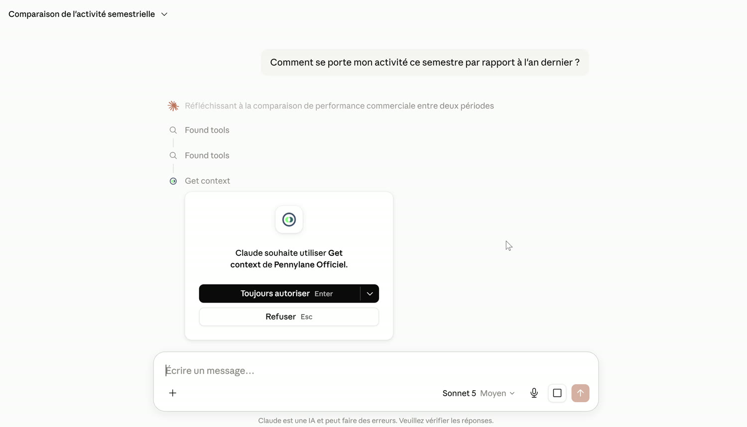 Claude demande l'autorisation d'utiliser l'outil Get context de Pennylane Officiel