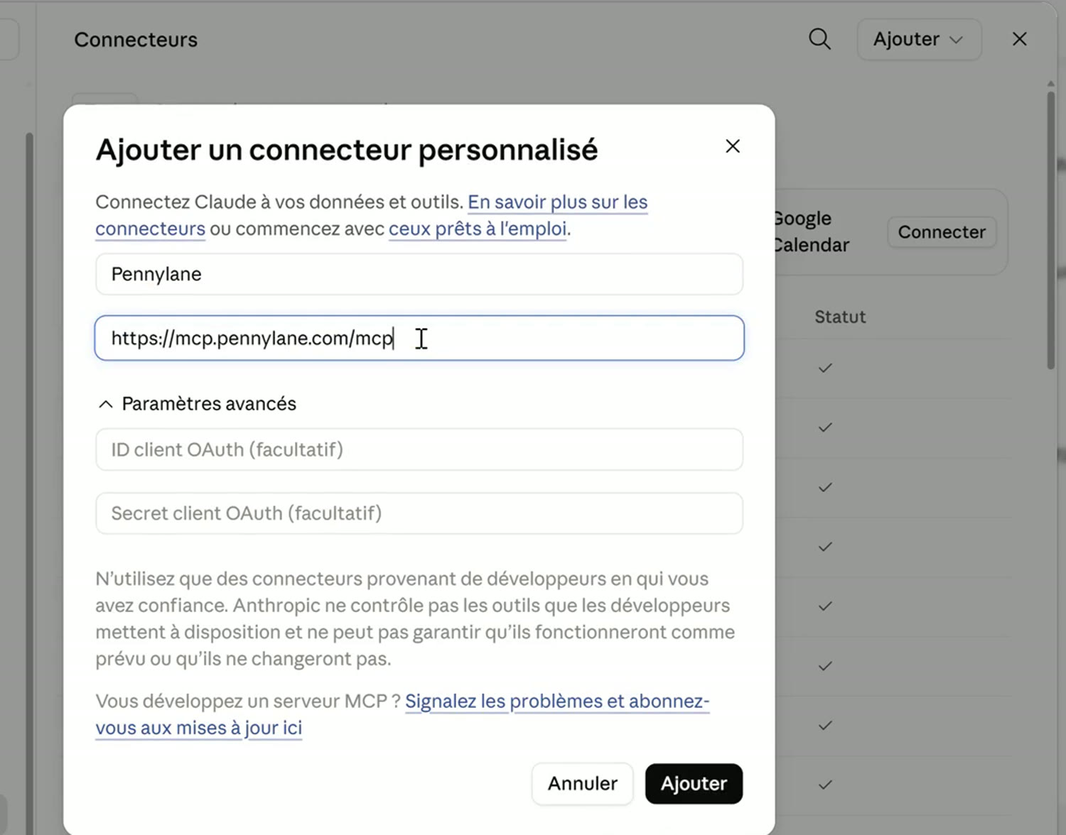 Boîte de dialogue Ajouter un connecteur personnalisé dans Claude avec l'adresse du serveur MCP Pennylane