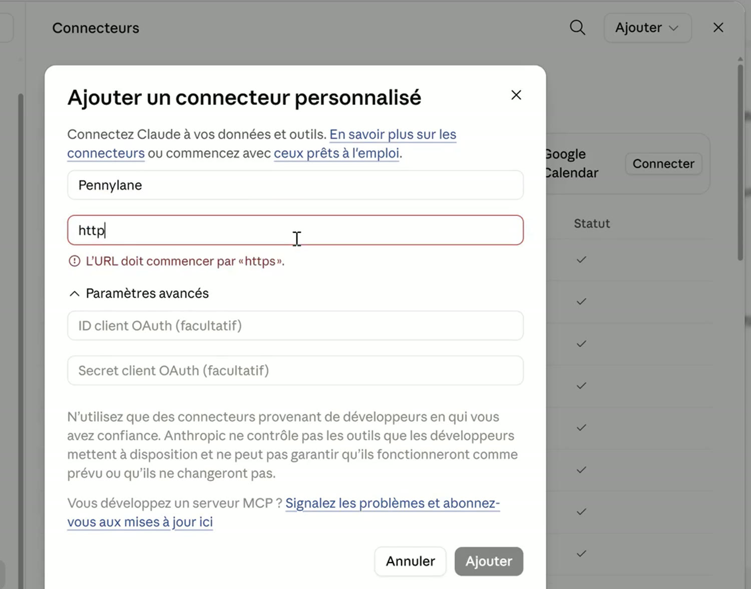 Message d'erreur indiquant que l'URL du serveur MCP doit commencer par https