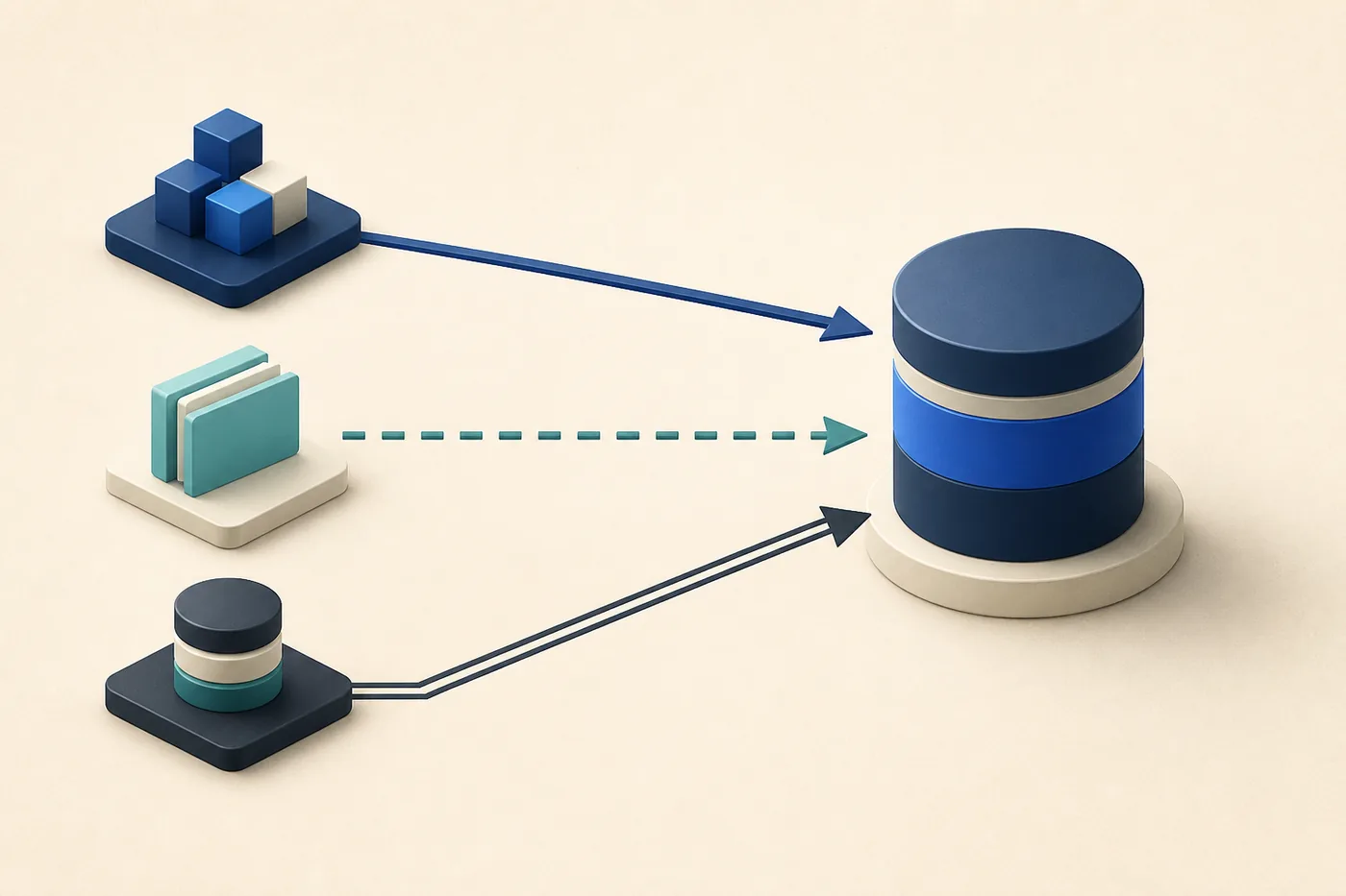 Trois modes de connexion représentés par trois flèches distinctes vers une source commune.
